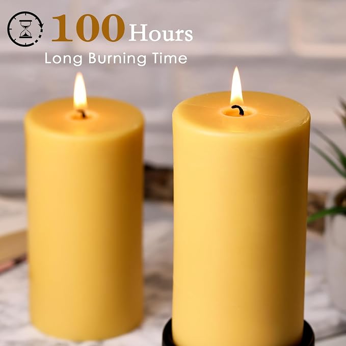 Natural Beeswax Candles Pillar 3x6 Inch, 2 Packs, Large Pure Beeswax Pillar Candles for Emergency Prayer Home Decor, 100 Hours Long Burning Time Bees Wax Candle for Relax, Smokeless & Dripless