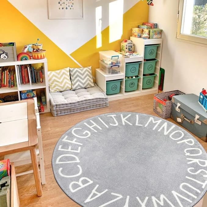 Topotdor Round Kids Play Rug Alphabet Nursery Area Rug Extra Large Soft Crawling Play Mat for Children Toddlers Bedroom (96 inch, Grey)