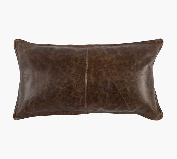 Genuine Leather Pillow Cover Case for Lumbar Throw Couch Pillows - Modern Farmhouse Decorative Sofa Thick & Soft Cushion Covers (Dark Brown, 16" x 24")