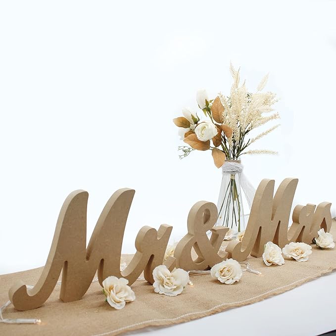 Mr & Mrs Sign for Wedding Table, Large Mr and Miss Wooden Letters, Party Decoration Head Table Wedding Wood Letter, Just Married Sign Anniversary Party Valentine's Day Decor (Wood Color),12.5 x 7 x