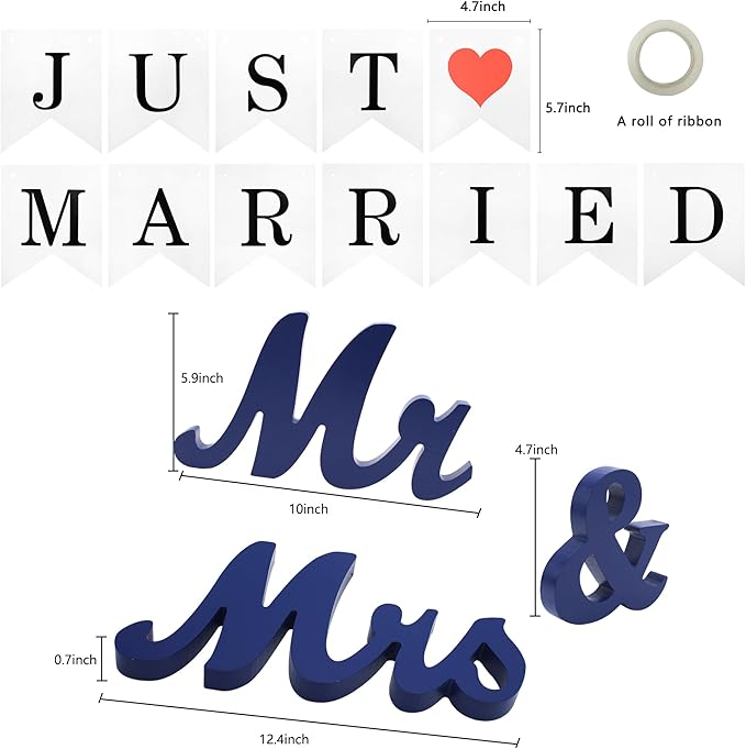 Mr Mrs Sign with Just Married Banner for Wedding Table, Mr and Mrs Wooden Letters, Mr. & Mrs. Wedding Decoration Items, Anniversary Party Vintage Decor (Navy blue W/banner)