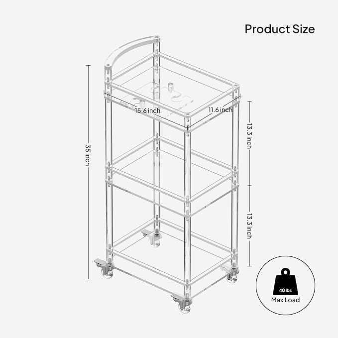 Eglaf Small Acrylic Bar cart, 3 Tier Home Bar Cart with 4 Lockable Wheels | Rolling Serving Cart with Glass Holders, Handle, for Living Room, Kitchen, Bedroom, Bar, 15.6" L x 11.6" W x 35" H