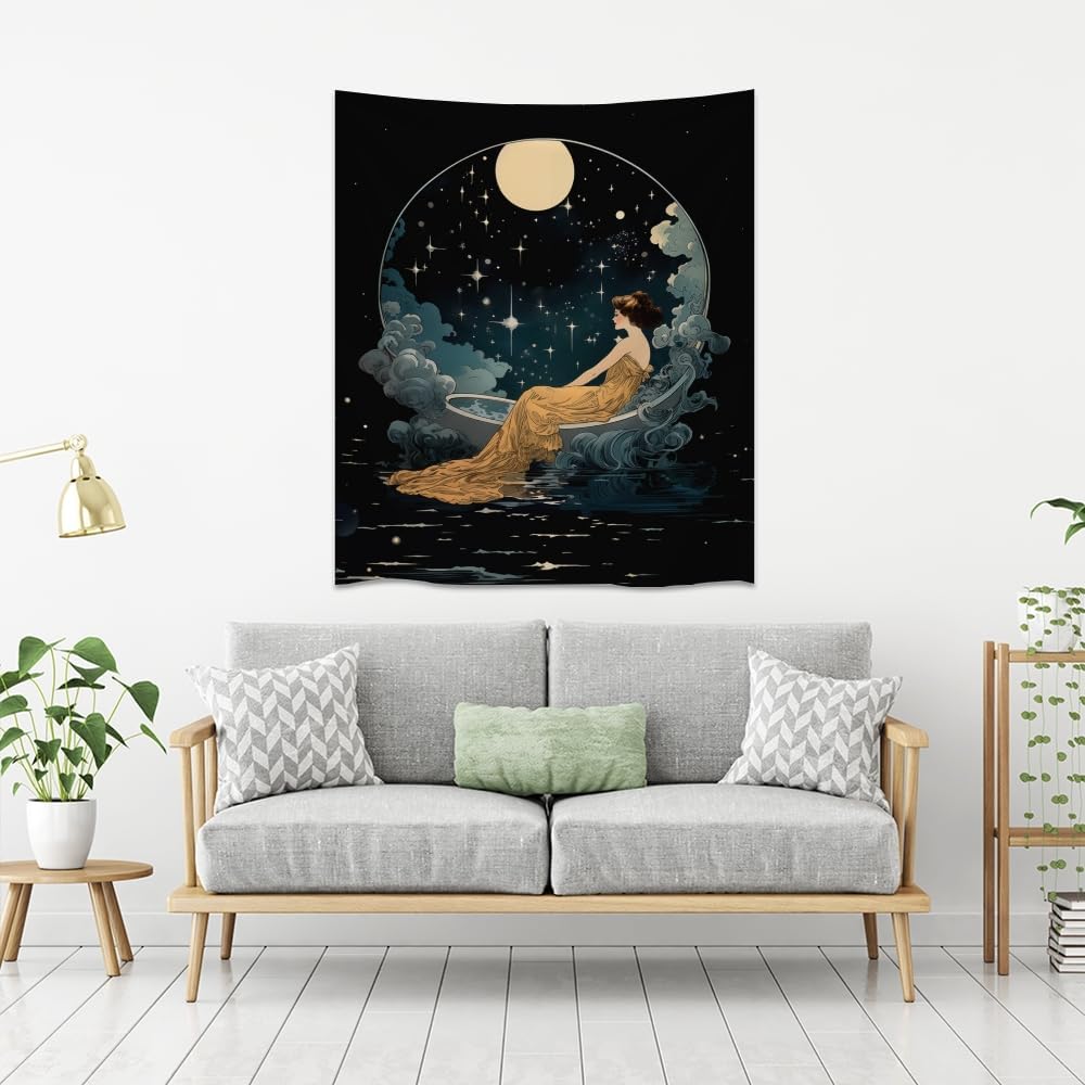 Dark Academia Tapestry Celestial Moonlit Bathing Lady Print Trendy Aesthetic Gothic Wall Hanging Vintage Art Nouveau Tapestries Wall Decor for Bedroom Living Room Dorm 40x60inch