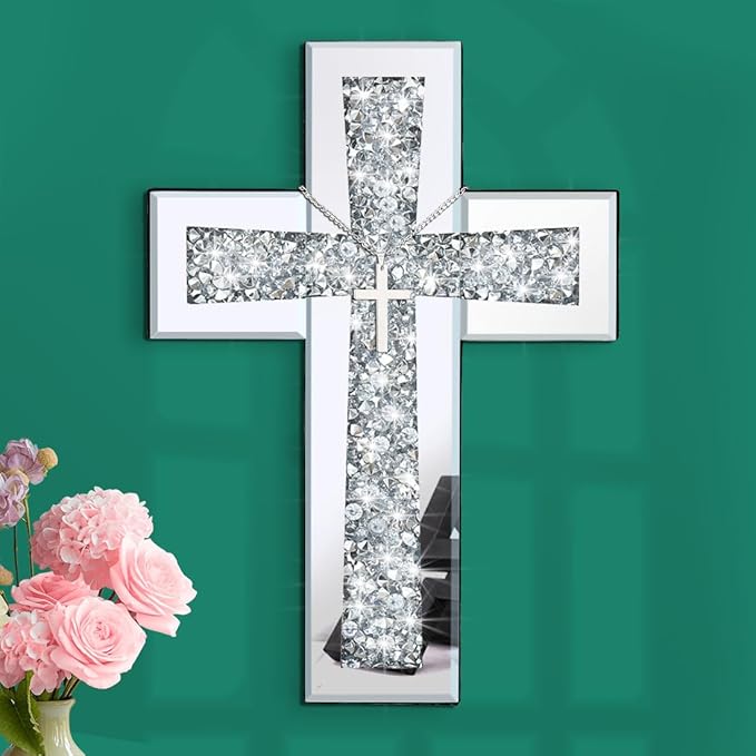 Aeveco Cross Wall Decor, Silver Mirrored Cross for Living Room, Crystal Crush Diamond Mirror Crosses, Religious Wall Art, Home Decor