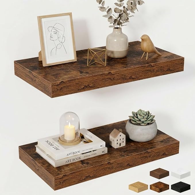 Fun Memories Wood Floating Shelves 20 Inch, 10 Inch Deep Shelves Wall Mount, Wall Shelves with Invisible Bracket, 20" Floating Shelves for Living Room Bathroom Bedroom, Rustic Brown, Set of 2