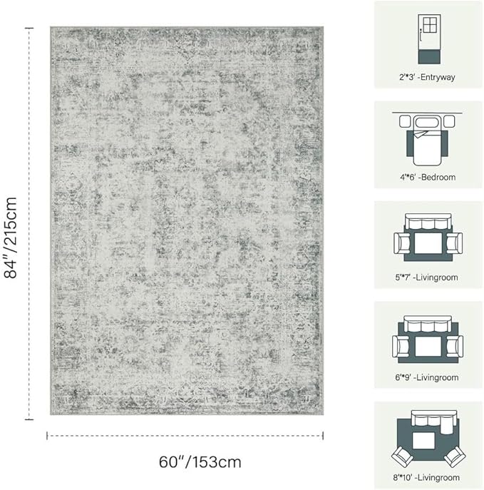 Rugxara 5x7 Area Rugs for Living Room Bedroom, Grey Washable Rug, Vintage Abstract Boho Rug, Non Slip & Low Pile Faux Wool Carpet for Indoor Dining Room and Farmhouse(Grey 5x7ft)