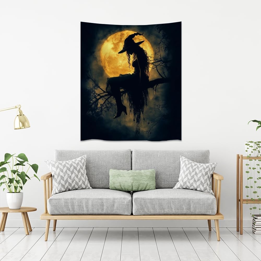 Halloween Witch Tapestry Wall Art Witchcore Moon Aesthetic Print Dark Academia Gothic Tapestries Wall Hanging Horror Ghost Halloween Party Decor for Home Living Room Bedroom 50x60inch
