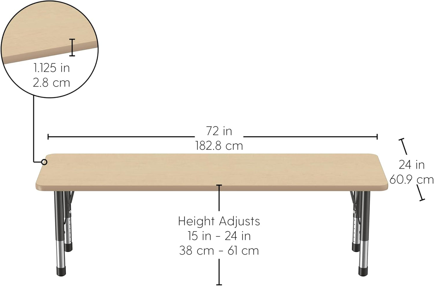FDP Rectangle Activity School and Classroom Kids Table (24 x 72 inch), Chunky Toddler Legs, Adjustable Table Height 15-24 inches - Maple Top and Maple Edge