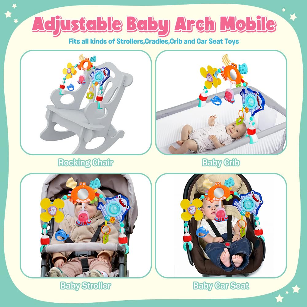 Baby Stroller Car Seat Toys,Adjustable Crib Mobile Activity Arch Toys with Sound Toy and Baby Hanging Toys,Sensory Play Travel Bouncer Bassinet Toy for Toddler Boy Girl 0 3 6 9 12 24 Month