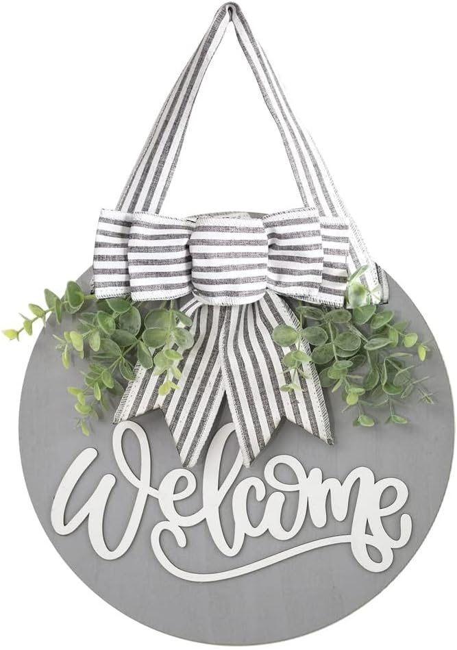 Welcome Sign for Front Door Wreath Decorations for All Seasons Front Porch Decor Hanging Gift for Farmhuose Home Outdoor Indoor (Gray-Welcome)