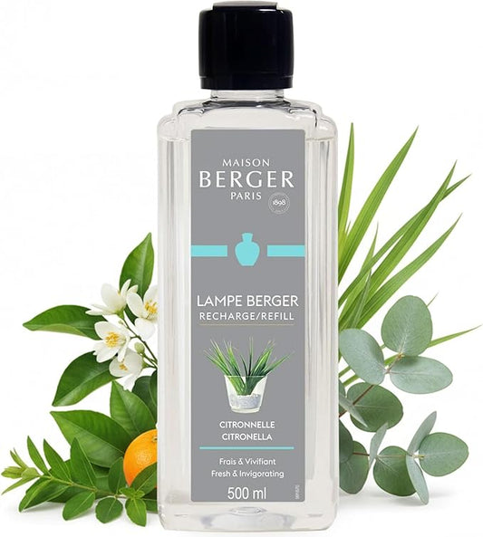 MAISON BERGER Citronella Lampe Berger Refill, 500 ml (16.9 fl oz), 2-in-1 Catalytic System, Neutralizes Odors and Diffuses Fragrance, Citronella, Citrus Notes, Made in France