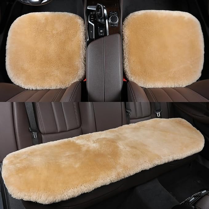 OGLAND Fuzzy Genuine Sheepskin Car Rear Seat Cover for Kids Dogs Pets Auto Bench Back Cushion Interior Accessories with Soft Fluffy Wool Natural Fur, Honey Beige