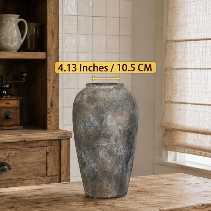 12 Inch Ceramic Rustic Farmhouse Vase, Handmade Pottery Flower Vases for Home Decor, Brown Ceramic Vase for Living Room, Table Centerpieces & Shelf Decor, Wedding Gifts