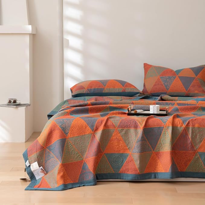 100% Cotton Muslin Blanket Jacquard Bohomian Mandala Triangle Quilt, Soft Bed Cover 3 Layers Reversible Bedspread Coverlet Breathable Lightweight Bedding Twin(59"x94"), No Pillow Sham