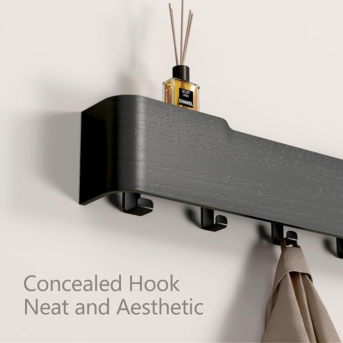 Wall Mounted Coat Rack with Shelf, Wooden Entryway Organizer with Hidden Metal Hooks for Hanging Coats Bags Keys, Modern Floating Shelf for Hallway Bathroom