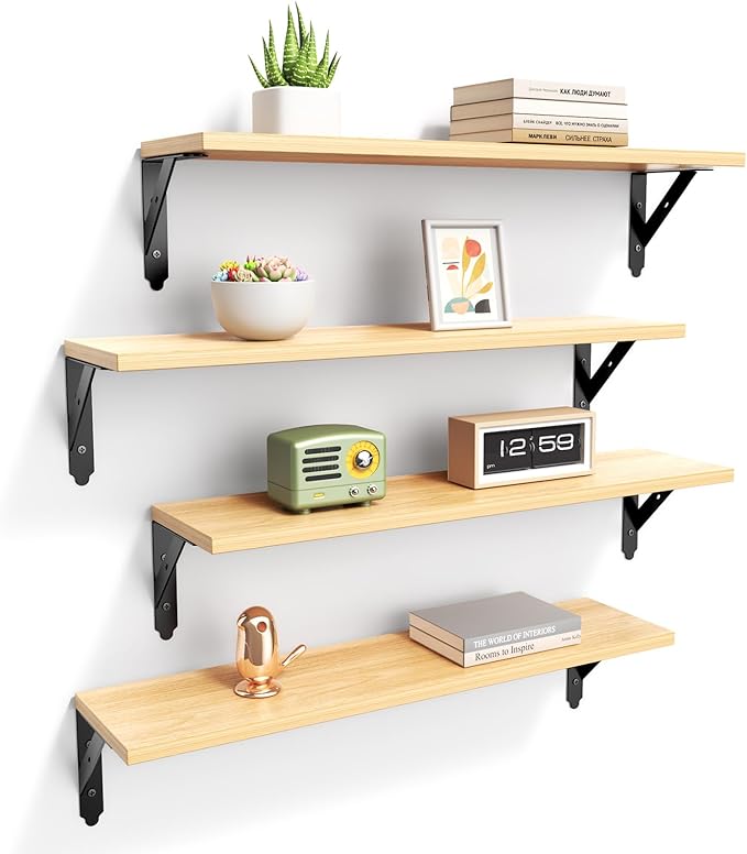 ROMGUAR CRAFT Wood Floating Shelves Set of 4, Rustic Storage Decor Wall Shelves, Wall Mounted Shelf for Living Room, Bedroom 23.6" x 6", Natural
