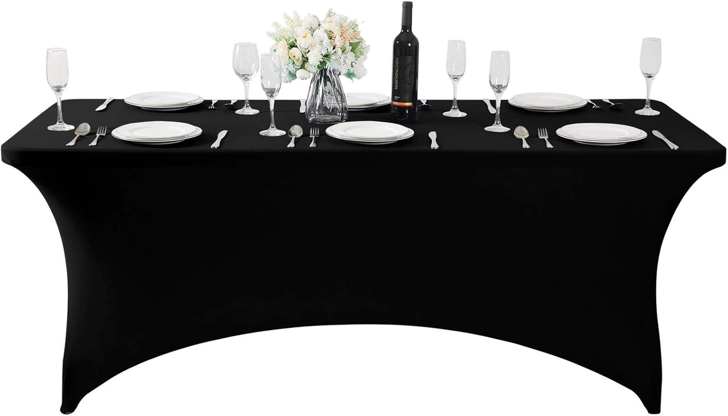 SuperO Waterproof Spandex Table Cover for 6FT Table Universal Fitted Stretch Tablecloth for Party, Banquet, Wedding and Events-Black