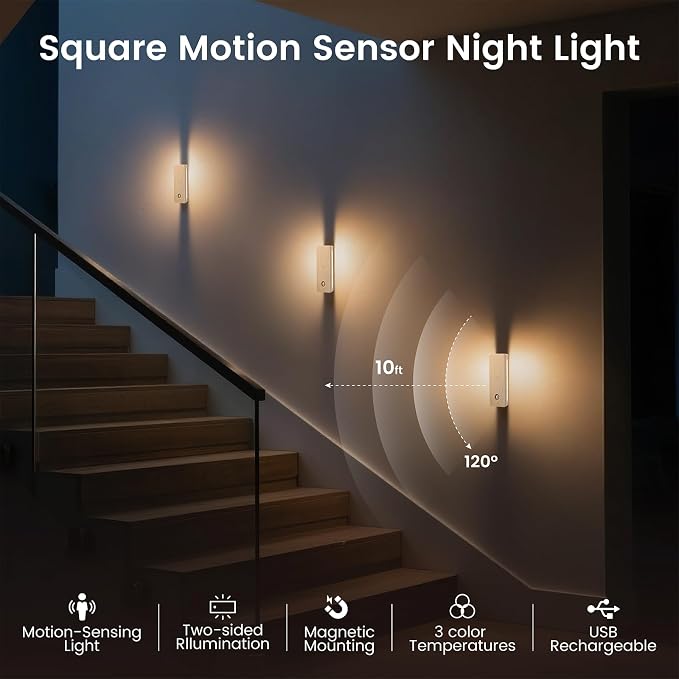 Battery-Operated Motion Sensor Night Light, Magnetic 3-Color Dimmable Motion Sensor Closet Night Light, for Bedroom, Hallway, Kitchen & Stairs