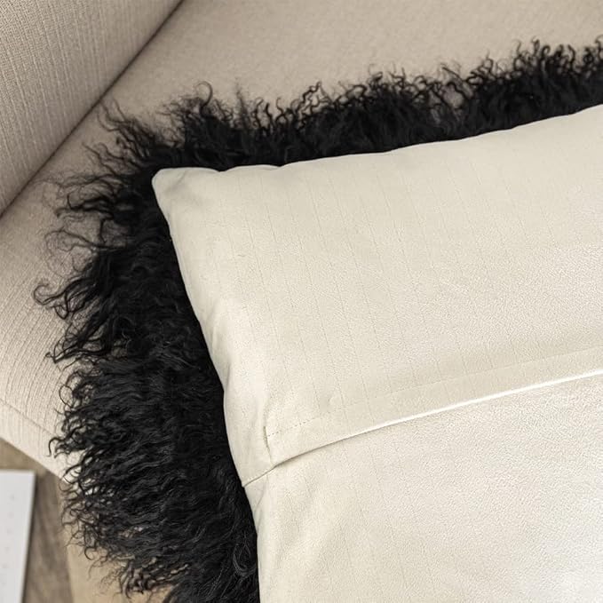 Mongolian Lamb Fur Throw Pillow Cover (16'' x 16'', Black), Real Sheep Fur Decorative Cushion Cover Case Home Decorative Square Throw Pillow Cover Plain Wool Pillow Protector