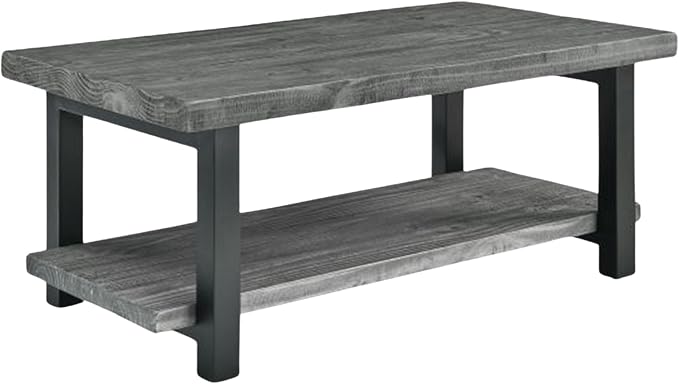 Alaterre Furniture Pomona Solid Wood Coffee Table, Slate Grey, 42” | Rectangular Center Table with Storage Shelf and Metal Legs, Rustic Industrial Farmhouse Living Room Furniture
