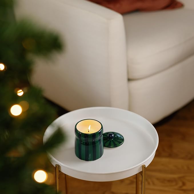 Paddywax Cabana Hand-Painted Scented Candle with Lid in Ceramic Reusable Jar, Clean-Burn Soy Candle, Balsam Fir Scent, Approx. 42 Hour Burn Time, 6.5 oz