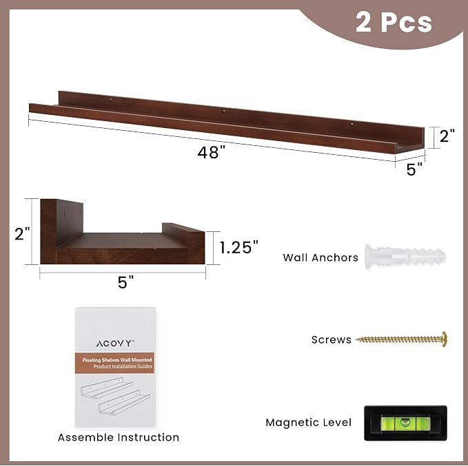 Acovy Long Floating Shelves for Wall, 48 inch Solid Wood Picture Ledge Shelf, Picture Shelf for Wall with Ledge, Floating Book Shelves for Living Room Bedroom Kitchen Nursery Decor, Walnut, Set of 2