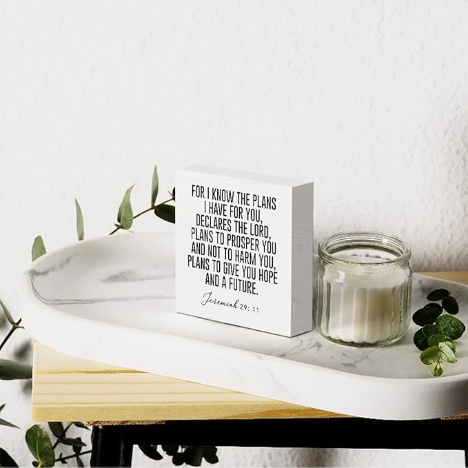 For I Know the Plans I Have for You Jeremiah 29:11 Wooden Box Sign Inspirational Decor Christian Gifts Bible Verse Decorations for Home Office Shelf Table Desk Gifts for Women 5 x 5 Inch