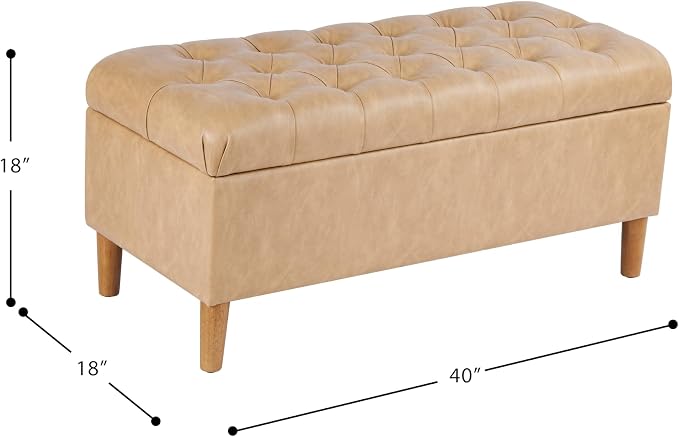HomePop 40" Button Tufted Storage Bench with Cone Wood Legs - Sand Faux Leather