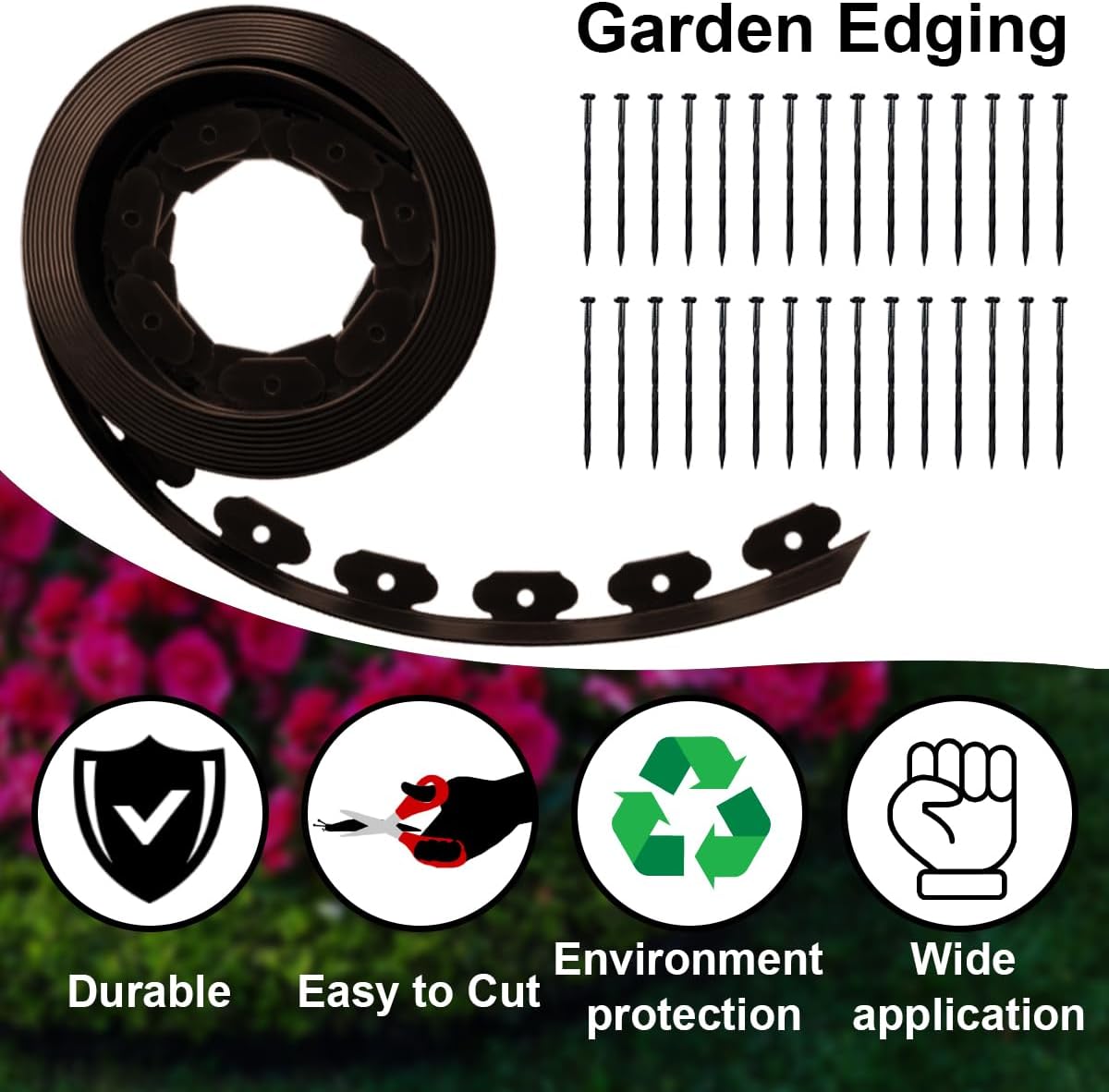 Landscape Edging,33ft x 4inch Tall Plastic Garden Edging Border with 30 Spikes,Lawn Edging for Landscaping Flower Bed,Yard,Patio-Coffee