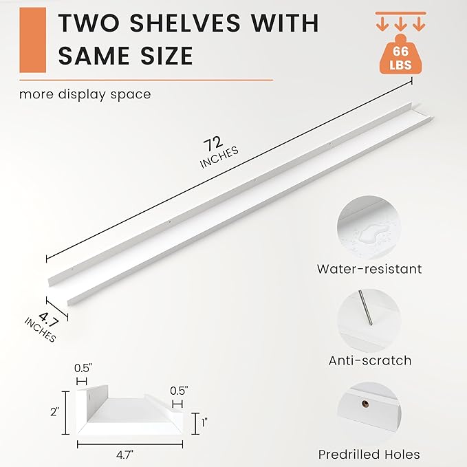 Picture Ledge Shelf, Floating Shelves Set of 2, 72 Inches Long Large Nursery Book Shelves for Toys Storage, Kids Bookshelf Wall Mounted for Living Room Bedroom Decor Books Photo Frames, White