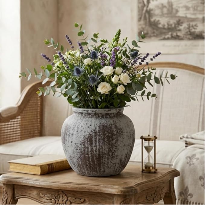 Oakrain Large Rustic Vase, 11" Distressed Round Floor Vase for Home Decor, Farmhouse Centerpieces Planters for Living Room Indoor Outdoor Use, Gray