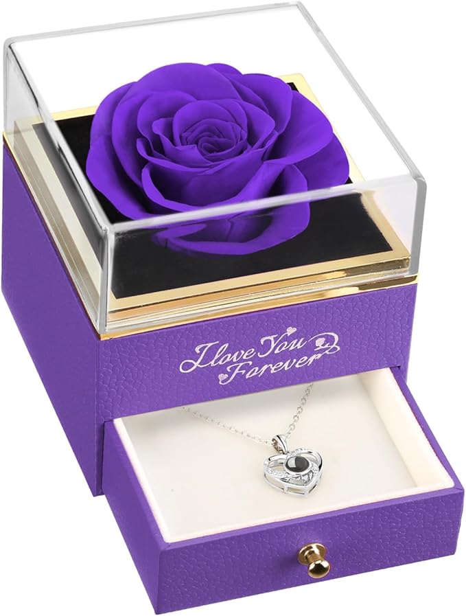 ASELFAD Preserved Real Rose with Heart Necklace -I Love You Forever Eternal Rose for Her, for Mom, Wife, Anniversary or Birthday Gifts for Women, Purple