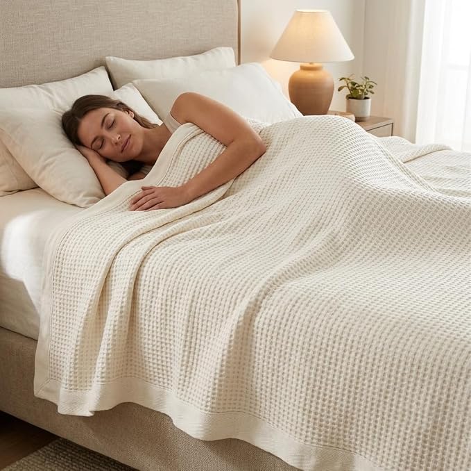 TreeWool Premium 100% Cotton Waffle Queen Blanket (90"x90", Ivory) | Breathable Lightweight Moisture Wicking Soft Knit Thermal Blanket for Summer, Bed or Sofa All-season Comfort Machine Washable
