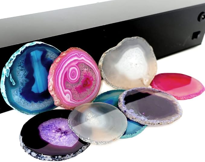 Natural Agate Coasters Set of 4, Dyed Purple 4-5" Geode Slices, Wide Crystal Stone Drink Coasters with Rubber Bumpers for Cups, Mugs & Wine Glasses, Unique Home Decor