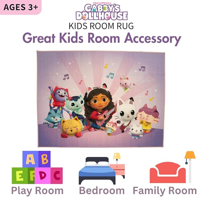 DreamWorks Gabby's Dollhouse Kids Room Non Slip Area Rug, 69 in x 52 in, (Official Licensed Product) by Franco