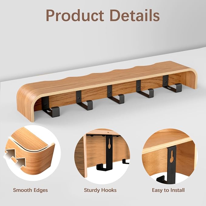 Coat Rack Wall Mount with Hidden Hooks, Wall Hooks with Shelf, Wall Key Holder Mount Wooden Shelf Entryway Hooks for Bedroom Bathroom for Hanging Coats Hats Bags Towels (Oak Wave-Shape, 5 Hooks)