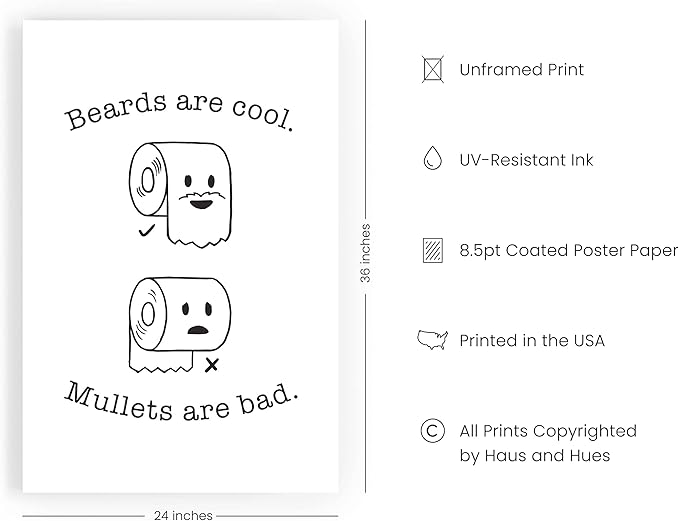 HAUS AND HUES Funny Bathroom Decor & Bathroom Prints, Restroom Humor Wall Decor Funny Beard/Mullet Signs (Unframed 24x36)