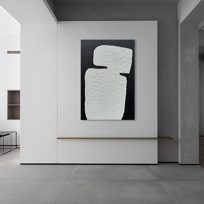zoinart Hand Painted Textured Wall Art 24x36 Inches Decorative Oil Paintings on Canvas Black and White Abstract Painting Contemporary Art Minimalist Wall Decor