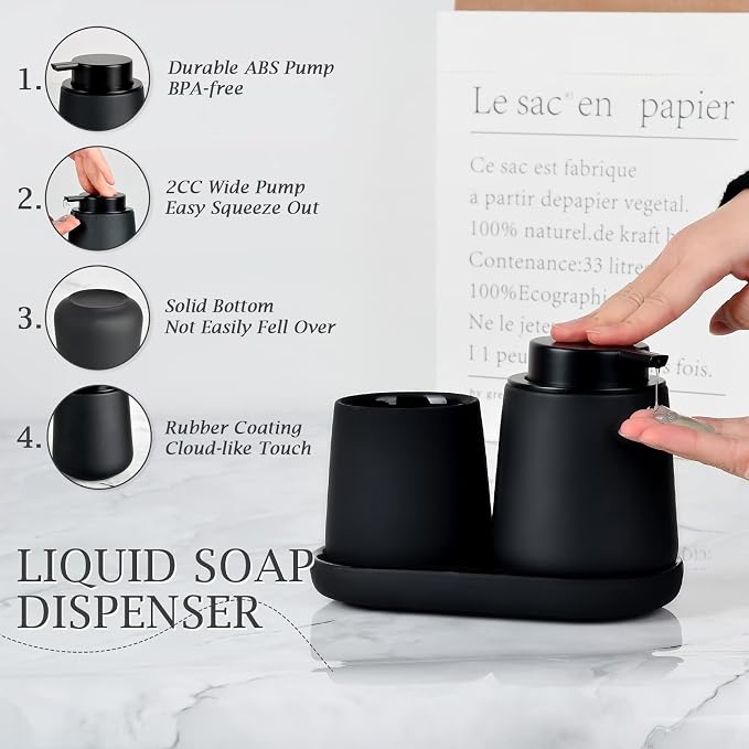 BosilunLife Ceramic Bathroom Accessories Set 3 Pcs, Liquid Soap Dispenser and Toothbrush Holder with Tray, Modern Farmhouse Vanity Decor, Black Housewarming Gift (Black-Liquid)