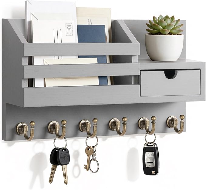 FifthQuarter Key and Mail Holder for Wall, Mail Organizer Wall Mount with 6 Hooks and Storage Drawer, Easy Installation Key Rack for Entryway and Home Decor (A-Grey)