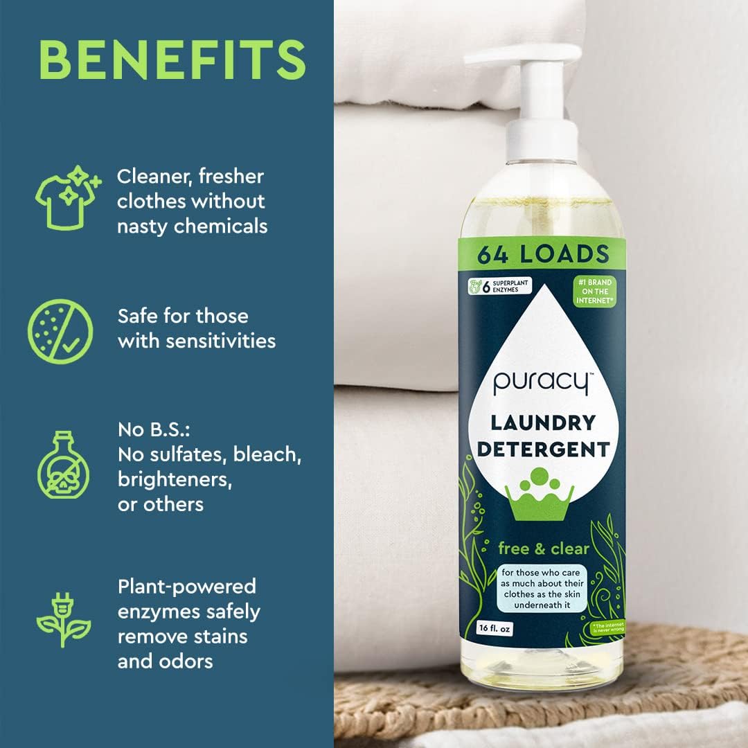 Puracy Laundry Detergent - Enzyme-Powered Liquid Laundry Detergent Concentrate, Natural Laundry Detergent Seen on TikTok, Non-Toxic (Free & Clear, 16 fl oz, 64 Loads)