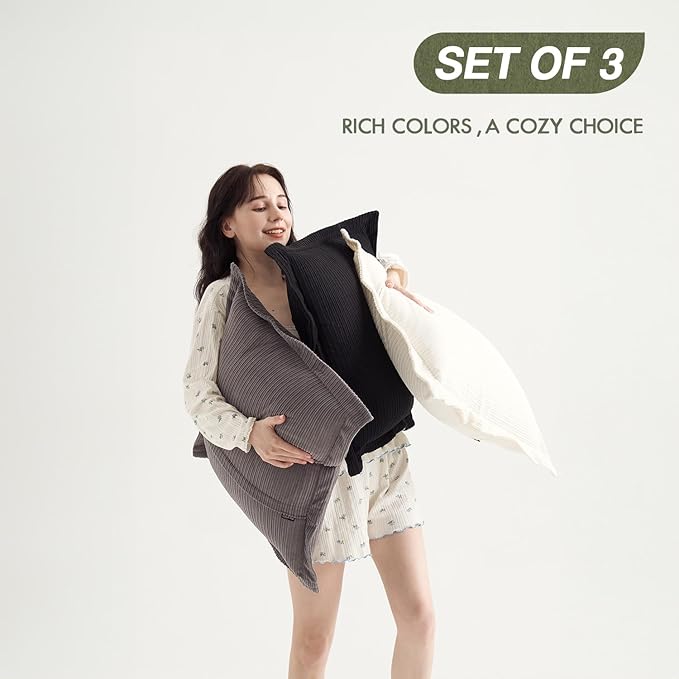 COCO TOP Pack of 3 Decorative Neutral Throw Pillow Covers 22x22inch, Soft Striped Corduroy Boho Vintage Square Pillow Covers for Sofa Couch Girls' Bedroom Dorm Chic Lounge(Classic Black, White & Grey)