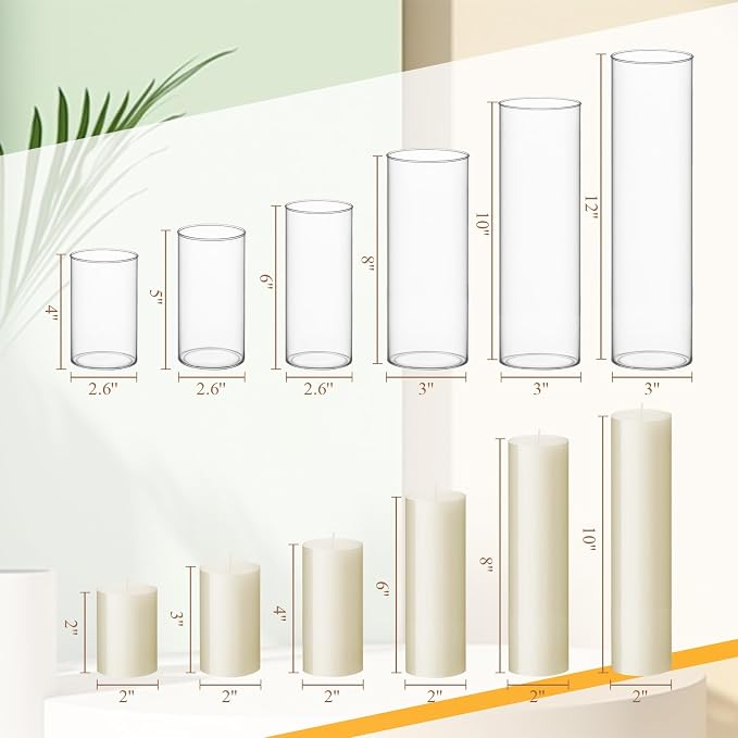 Shihanee Set of 6 Pillar Candles and Glass Cylinder Vases Assorted Sizes Cylinder Holders for Pillar Candles Home Table Centerpieces Wedding Party Decorations (Ivory)