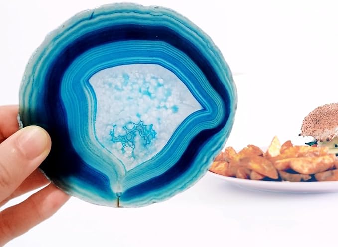 Crystal Coasters Set of 4 Agate Coaster Teal Irregular Dyed 4-5" for Drinks Coffee Wine Bar Glasses with Rubber Bumpers