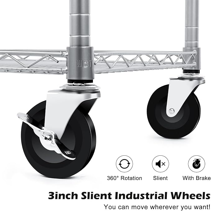 WDT Heavy Duty 3 Tier Utility Cart,Wire Rolling Carts with Wheels, Commercial Grade Service Cart with Shelving Liners and Handle Bar Metal Carts for Kitchen Office Hardware