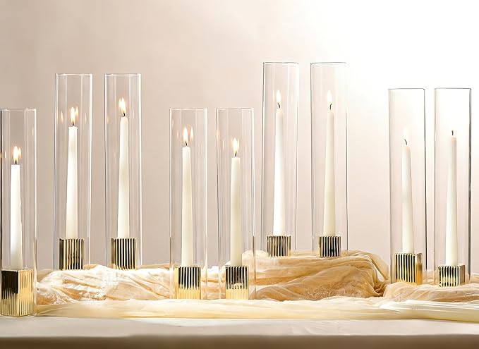 LETINE 14" Tall Hurricane Candle Holders with Gold Ribbed Taper Candle Holders Set of 9– Bulk Windproof Taper Candle Hurricane Glass for Outdoor&Indoors Wedding Centerpiece, Event & Home Decor