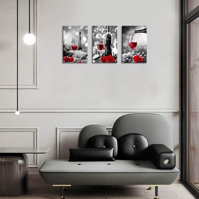 Wine Decor Kitchen Canvas Art Red Wine Rose Artwork for Home Walls Black and White With Red Wine Painting Printed Rose Art Dining Room Decor Red Kitchen Pictures Wall Decor Stretched 16x24inchx3