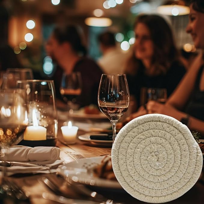 Handmade Woven Cotton Coasters - Set of 8 with Holder, Absorbent, Protects Tabletop - 4.3 Inch Diameter, Home Decor, Kitchen Decor, Table Decor, Coffee Table Decor, Living Room Decor, 8 Colors