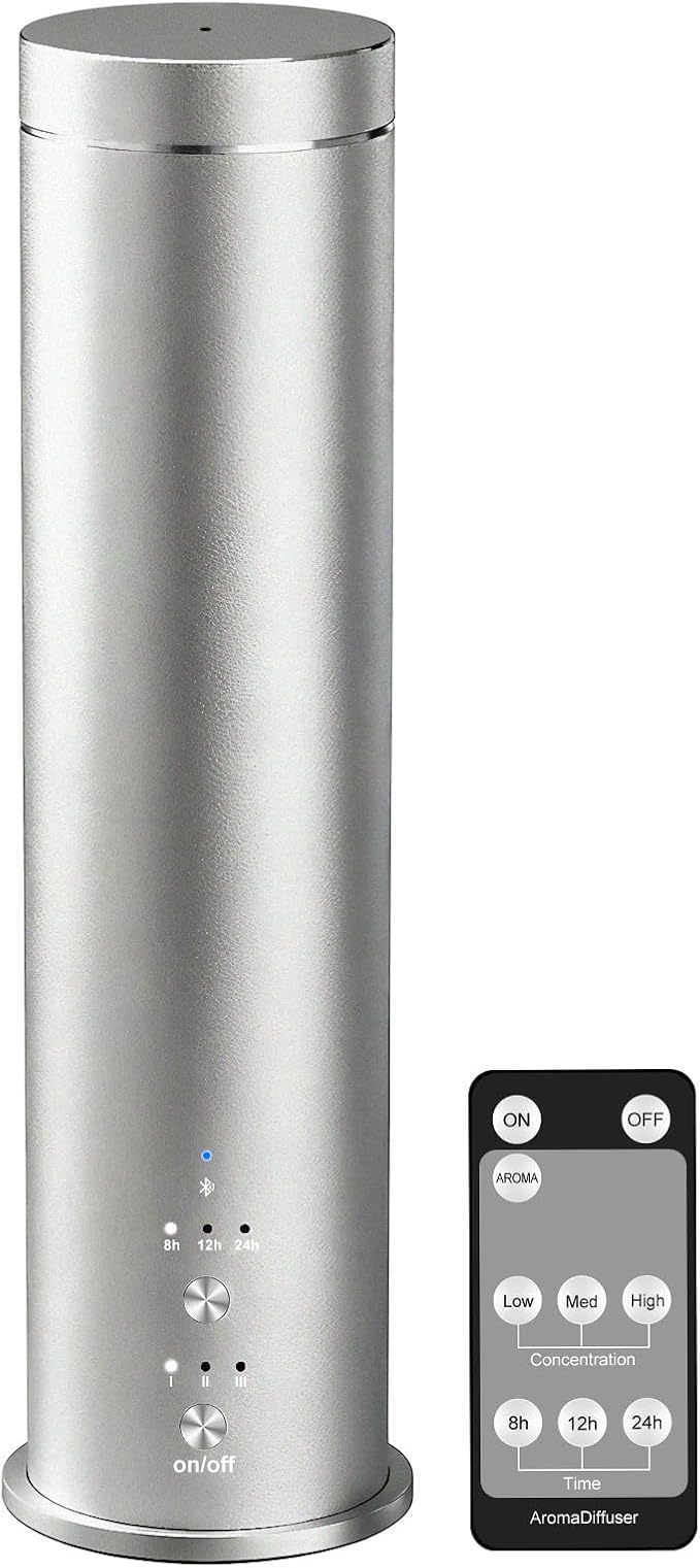 Waterless Essential Oil Diffuser Large Room Scent Diffuser for Home, Office, Hotel and Spas - Aromatherapy Diffuser Fragrance Oil Machine, Remote Control, Timer, Silver