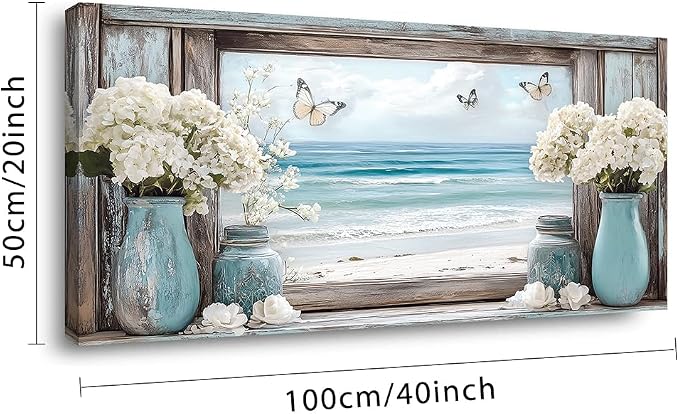 Ggaafet Beach Window Wall Art for Bedroom Canvas Painting Prints Romance Flower Floral Art Deco Romantic Artwork Office Family Room Decor